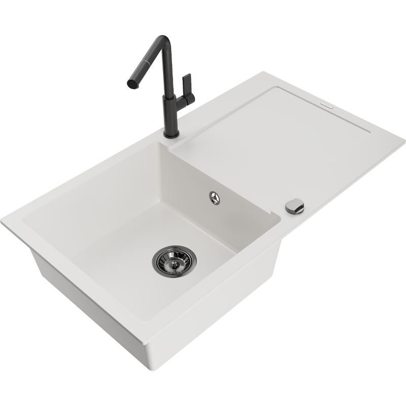 Mexen Leo fregadero de granito de 1 seno con escurridor y grifo de cocina Flora, blanco - 6501-20-670401-70-B