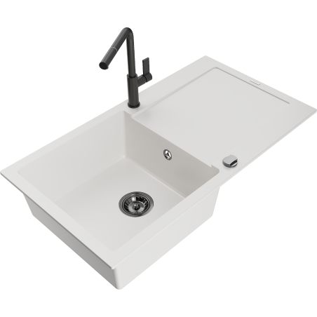 Mexen Leo fregadero de granito de 1 cubeta con escurridor y grifo de cocina Flora, blanco - 6501-20-670401-70-B