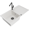 Mexen Leo single-bowl granite sink with drainer and Flora kitchen tap, white - 6501-20-670401-70-B