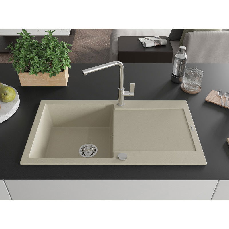 Mexen Leo granite sink 1-bowl with drainer and Flora kitchen tap, beige - 6501-69-670401-00