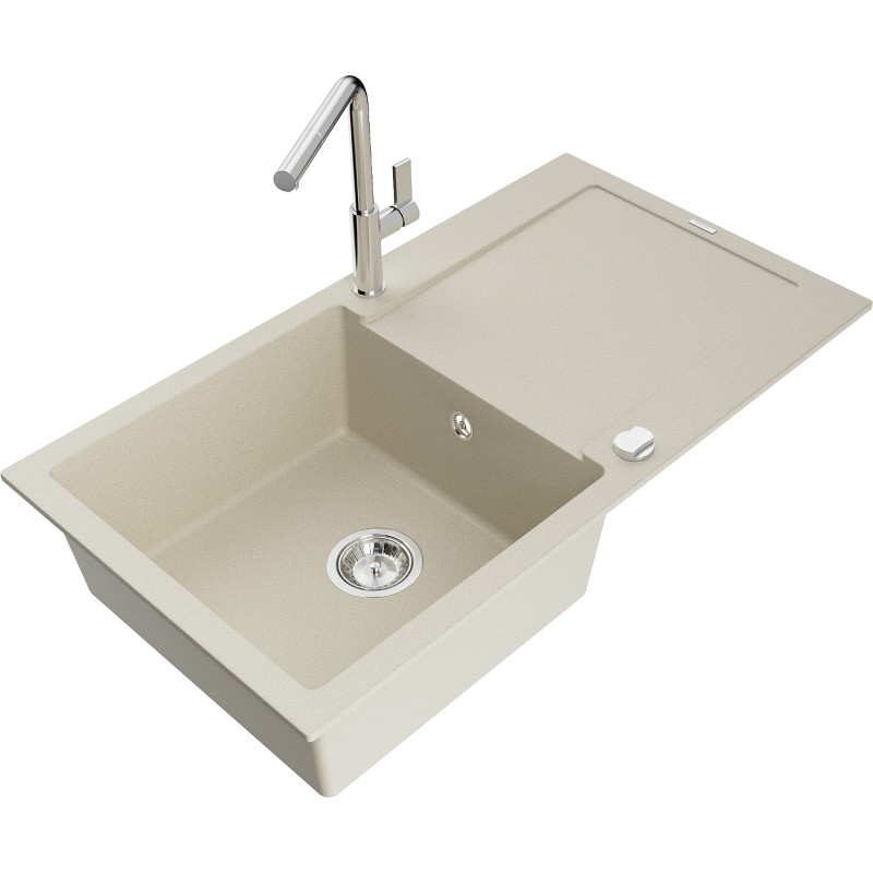 Mexen Leo 1-komorige granieten spoelbak met afdruiprek en keukenmengkraan Flora, beige - 6501-69-670401-00
