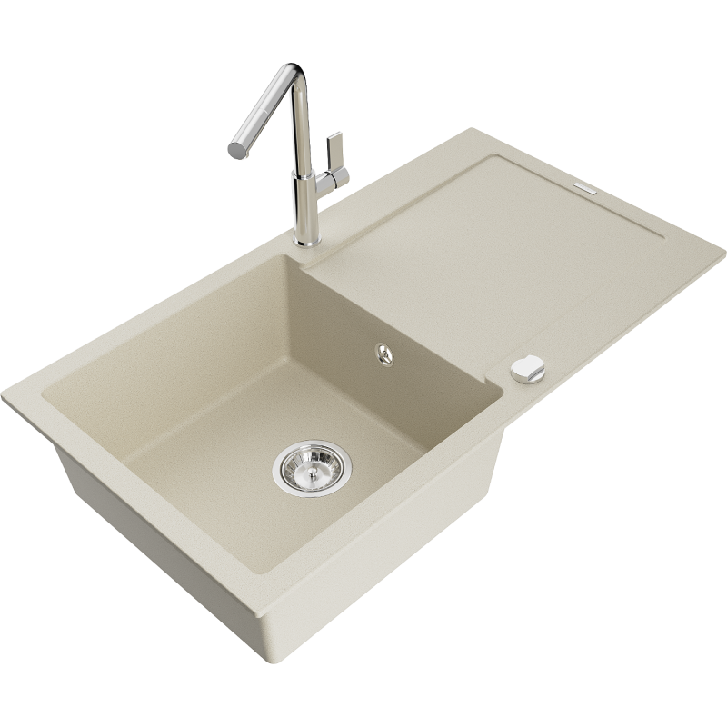 Mexen Leo granite sink 1-bowl with drainer and Flora kitchen tap, beige - 6501-69-670401-00