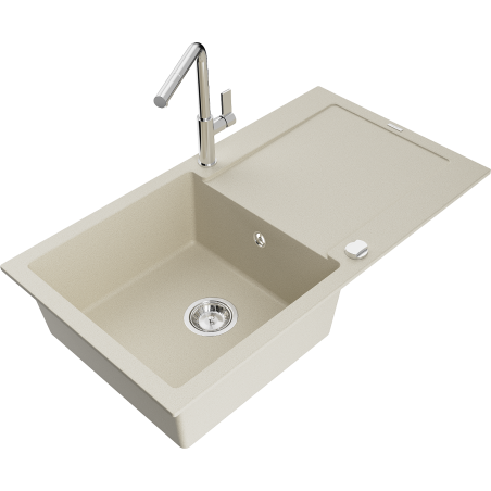 Mexen Leo granite sink 1-bowl with drainer and Flora kitchen tap, beige - 6501-69-670401-00