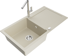 Mexen Leo fregadero de granito de 1 seno con escurridor y grifo de cocina Flora, beige - 6501-69-670401-00