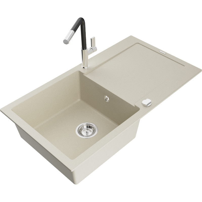 Mexen Leo granieten spoelbak 1-komors met afdruiprek en keukenkraan Flora, beige - 6501-69-670401-07