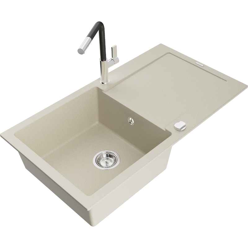 Mexen Leo granitdiskbänk 1-facks med avrinning och köksblandare Flora, beige - 6501-69-670401-07