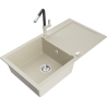 Mexen Leo granieten spoelbak 1-komors met afdruiprek en keukenkraan Flora, beige - 6501-69-670401-07
