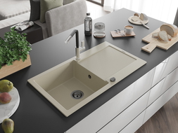 Mexen Leo Granitspüle 1-Becken mit Abtropffläche und Küchenarmatur Flora, Beige - 6501-69-670401-07-B