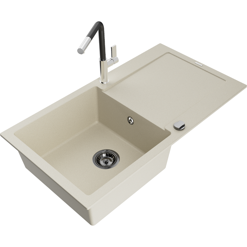 Mexen Leo fregadero de granito de 1 seno con escurridor y grifo de cocina Flora, beige - 6501-69-670401-07-B