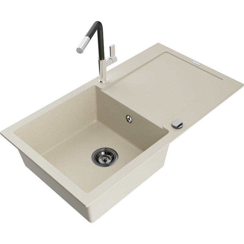 Mexen Leo lavello da cucina in granito 1-vasca con sgocciolatoio e rubinetto Flora, beige - 6501-69-670401-07-B
