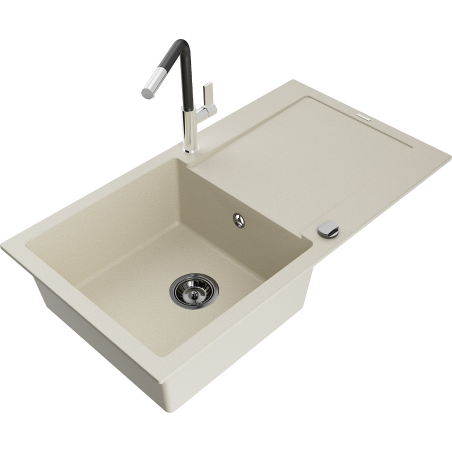 Mexen Leo Granitspüle 1-Becken mit Abtropffläche und Küchenarmatur Flora, Beige - 6501-69-670401-07-B