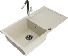 Mexen Leo Granitspüle 1-Becken mit Abtropffläche und Küchenarmatur Flora, Beige - 6501-69-670401-07-B