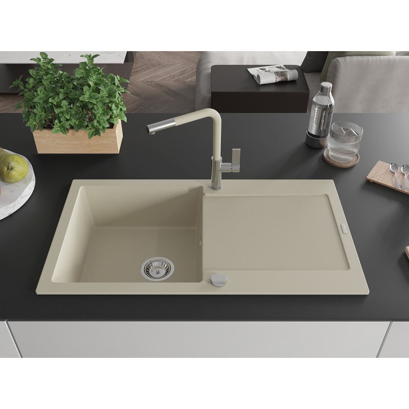 Mexen Leo yhden altaan graniittinen keittiöallas työtasolla ja keittiöhana Flora, beige - 6501-69-670401-09