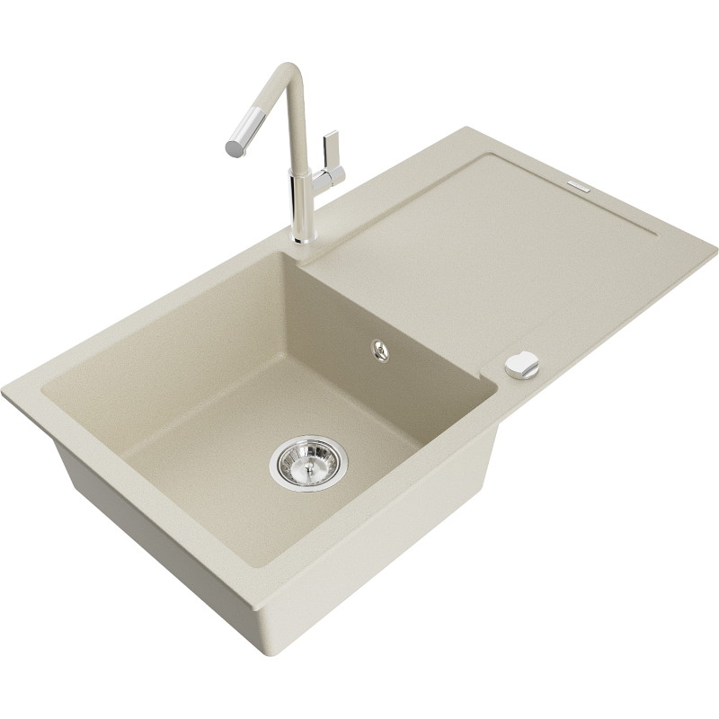 Mexen Leo granitische spoelbak 1-komorig met afdruiprek en keukenmengkraan Flora, beige - 6501-69-670401-09
