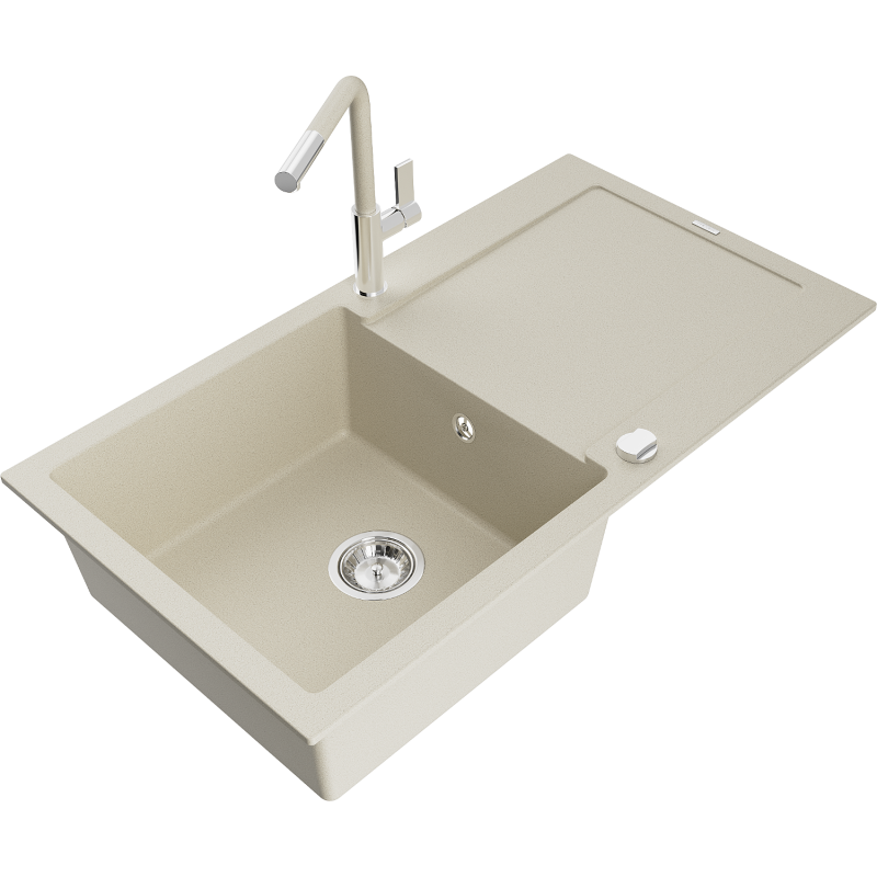 Mexen Leo Granitspüle 1-Becken mit Abtropffläche und Küchenarmatur Flora, beige - 6501-69-670401-09