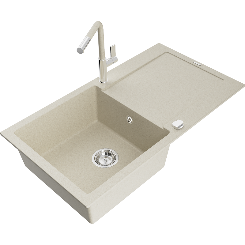 Mexen Leo yhden altaan graniittinen keittiöallas työtasolla ja keittiöhana Flora, beige - 6501-69-670401-09