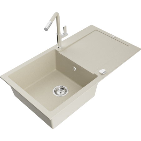 Mexen Leo fregadero de granito de 1 cubeta con escurridor y grifo de cocina Flora, beige - 6501-69-670401-09