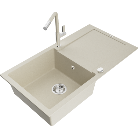 Mexen Leo Granitspüle 1-beckig mit Abtropffläche und Küchenarmatur Flora, beige - 6501-69-670401-09