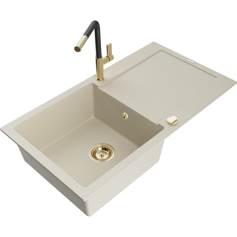 Mexen Leo graniittinen 1-allas tiskiallas valutaso ja keittiöhana Flora, beige - 6501-69-670401-57-G