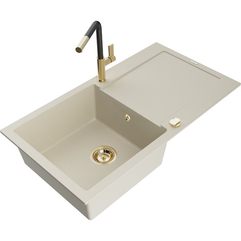 Mexen Leo Granitspüle 1-Becken mit Abtropffläche und Küchenarmatur Flora, beige - 6501-69-670401-57-G