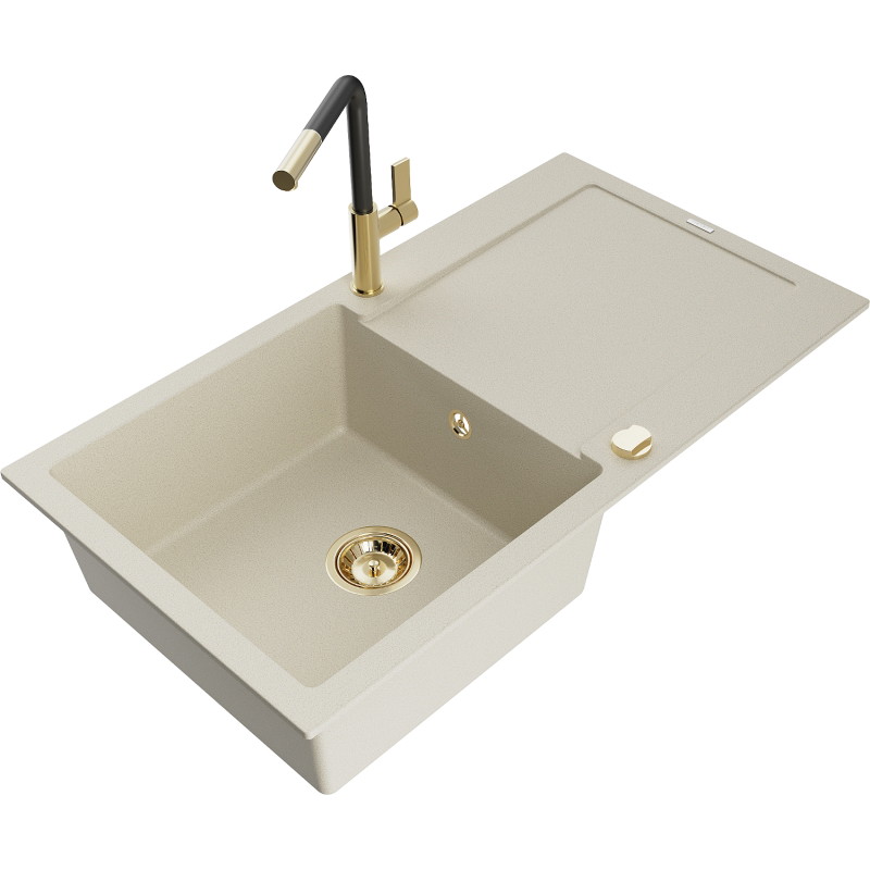 Mexen Leo lavello in granito a 1 vasca con scolapiatti e rubinetto da cucina Flora, beige - 6501-69-670401-57-G