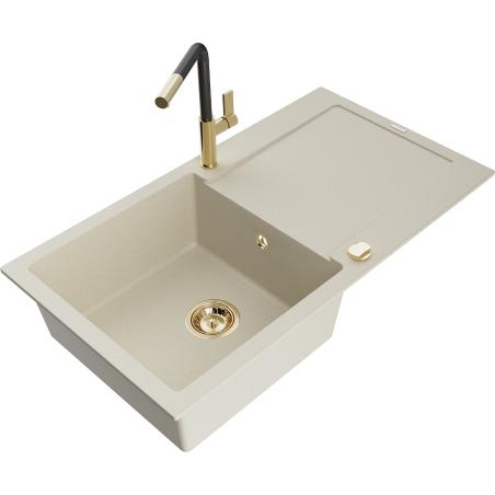 Mexen Leo 1-bowl granite kitchen sink with drainer and Flora kitchen tap, beige - 6501-69-670401-57-G