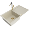 Mexen Leo Granitspüle 1-Becken mit Abtropffläche und Küchenarmatur Flora, beige - 6501-69-670401-57-G