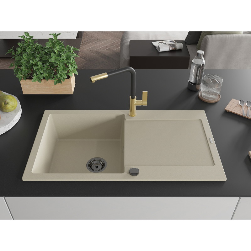 Mexen Leo granitische spoelbak met 1 bak, afdruiprek en keukenkraan Flora, beige - 6501-69-670401-57-B