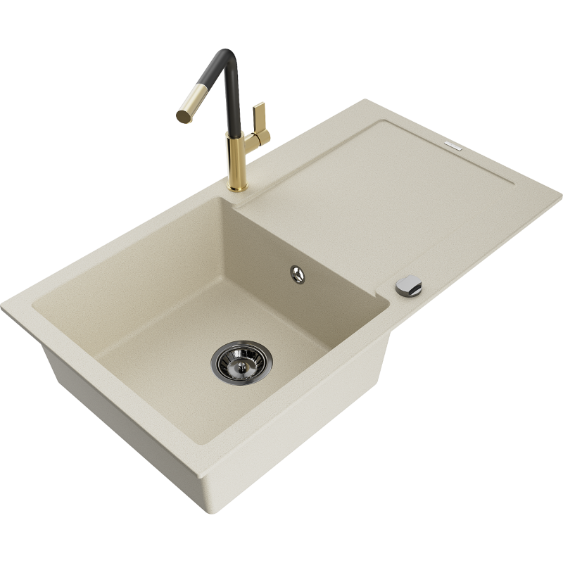 Mexen Leo 1-bowl Granite Sink with Drainer and Flora Kitchen Tap, Beige - 6501-69-670401-57-B