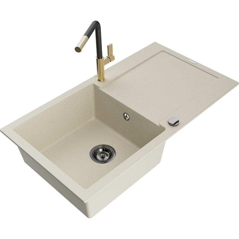 Mexen Leo Granitspüle 1-beckig mit Abtropffläche und Küchenarmatur Flora, beige - 6501-69-670401-57-B
