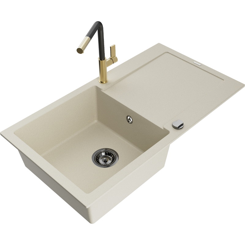 Mexen Leo granitspüle mit 1 Becken und Abtropffläche sowie Küchenarmatur Flora, beige - 6501-69-670401-57-B