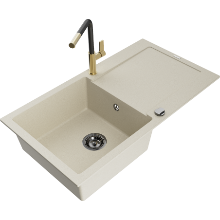 Mexen Leo Granitspüle 1-beckig mit Abtropffläche und Küchenarmatur Flora, beige - 6501-69-670401-57-B