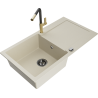 Mexen Leo Granitspüle 1-beckig mit Abtropffläche und Küchenarmatur Flora, beige - 6501-69-670401-57-B