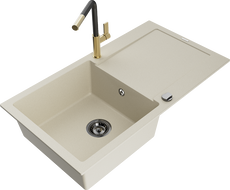 Mexen Leo lavello in granito a 1 vasca con scolapiatti e rubinetto da cucina Flora, beige - 6501-69-670401-57-B
