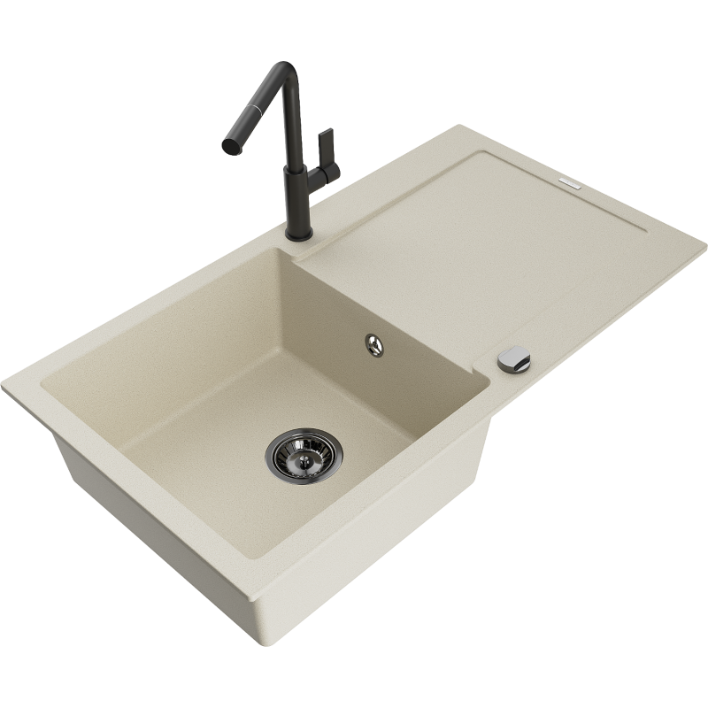 Mexen Leo fregadero de granito de 1 cubeta con escurridor y grifo de cocina Flora, beige - 6501-69-670401-70-B