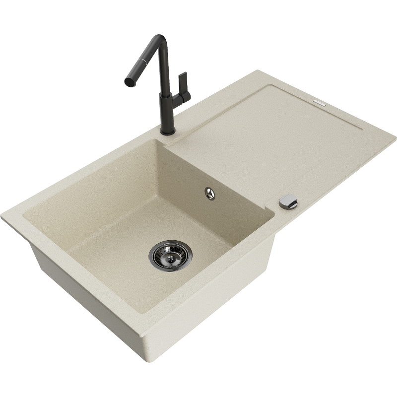 Mexen Leo granit gootsteen 1-kamer met afdruipvlak en keukenmengkraan Flora, beige - 6501-69-670401-70-B