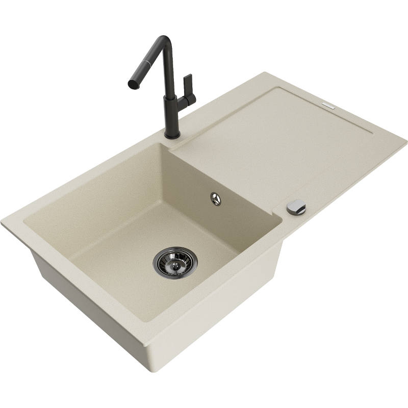 Mexen Leo single-bowl granite sink with drainer and Flora kitchen tap, beige - 6501-69-670401-70-B