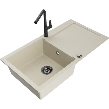 Mexen Leo single-bowl granite sink with drainer and Flora kitchen tap, beige - 6501-69-670401-70-B