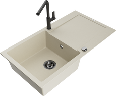 Mexen Leo évier en granit 1-bac avec égouttoir et robinet de cuisine Flora, beige - 6501-69-670401-70-B