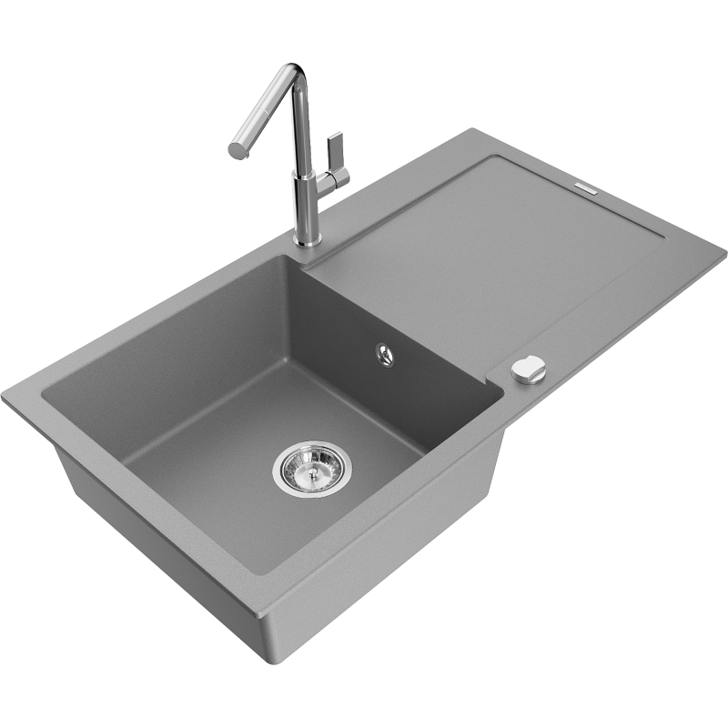 Mexen Leo fregadero de granito de 1 cubeta con escurridor y grifo de cocina Flora, gris - 6501-71-670401-00