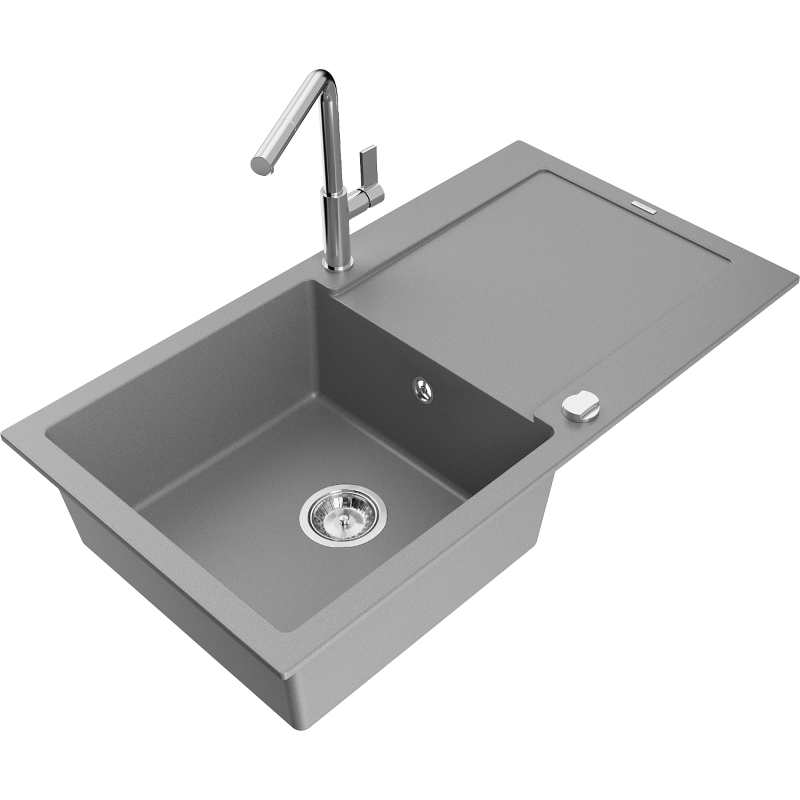 Mexen Leo granite sink 1-bowl with drainer and Flora kitchen tap, grey - 6501-71-670401-00