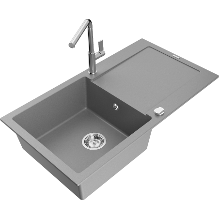 Mexen Leo granite sink 1-bowl with drainer and Flora kitchen tap, grey - 6501-71-670401-00