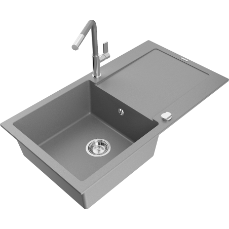 Mexen Leo fregadero de granito de 1 compartimento con escurridor y grifo de cocina Flora, gris - 6501-71-670401-06