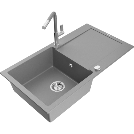 Mexen Leo Granitspüle 1-Becken mit Abtropffläche und Küchenarmatur Flora, grau - 6501-71-670401-06