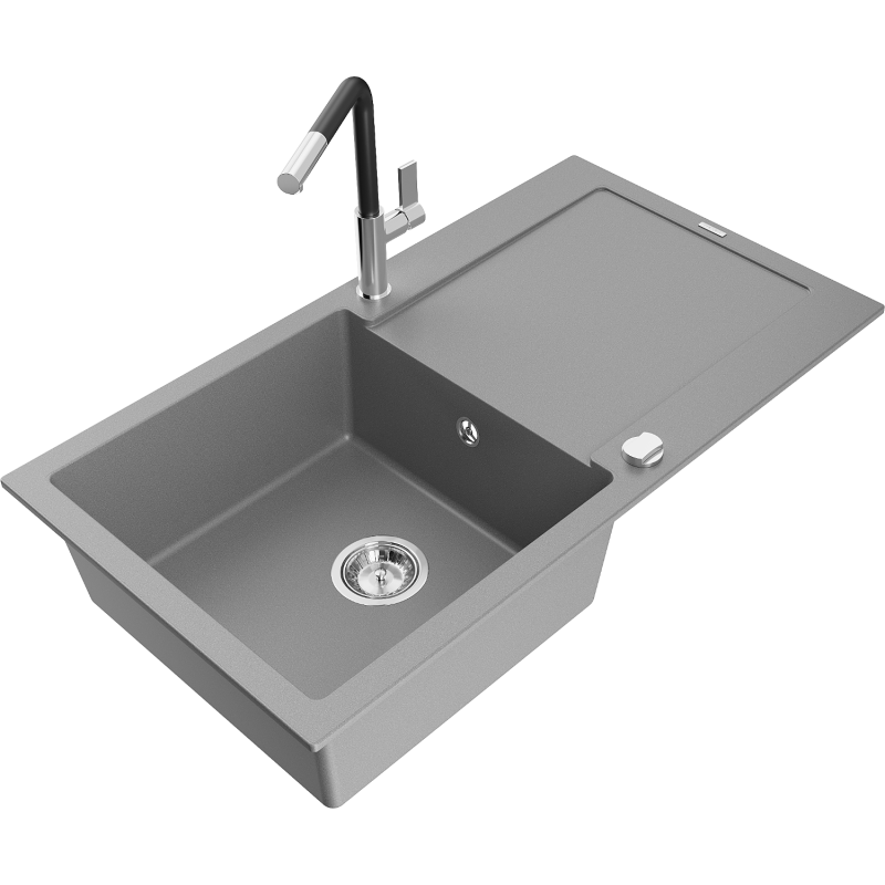 Mexen Leo single-bowl granite kitchen sink with drainer and Flora kitchen tap, grey - 6501-71-670401-07