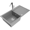 Mexen Leo single-bowl granite kitchen sink with drainer and Flora kitchen tap, grey - 6501-71-670401-07
