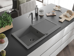 Mexen Leo granite sink with 1 bowl, drainer, and Flora kitchen tap, grey - 6501-71-670401-07-B