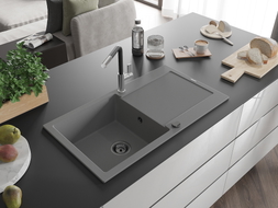 Mexen Leo single-bowl granite sink with drainer and Flora kitchen faucet, gray - 6501-71-670401-07-B