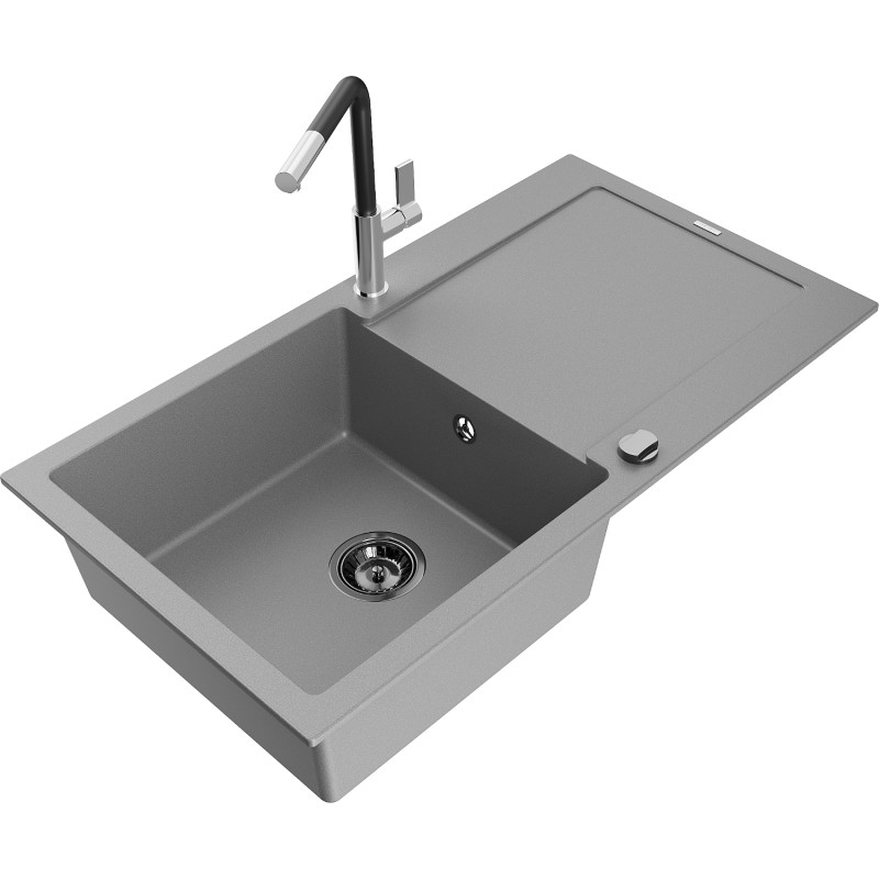 Mexen Leo fregadero de granito de 1 seno con escurridor y grifo de cocina Flora, gris - 6501-71-670401-07-B