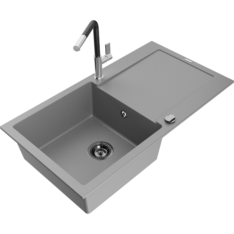 Mexen Leo granite sink with 1 bowl, drainer, and Flora kitchen tap, grey - 6501-71-670401-07-B